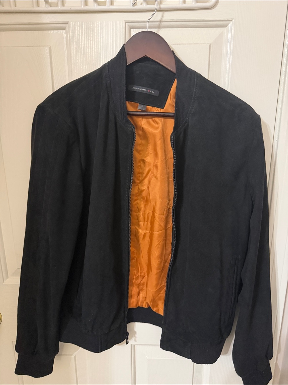 John Varvatos Black Suede Bomber with Orange Lining